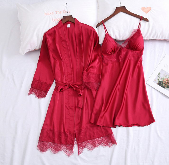 Ray Ladies Satin Silk 2 Piece Robe and Nightgown Set